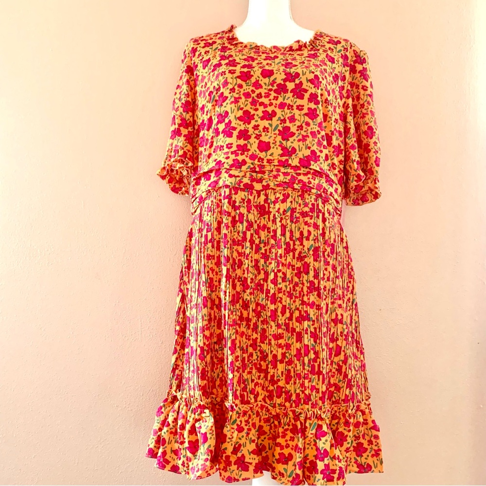 Ivy City Co Orange Pink Green Floral Print Pleated Dress